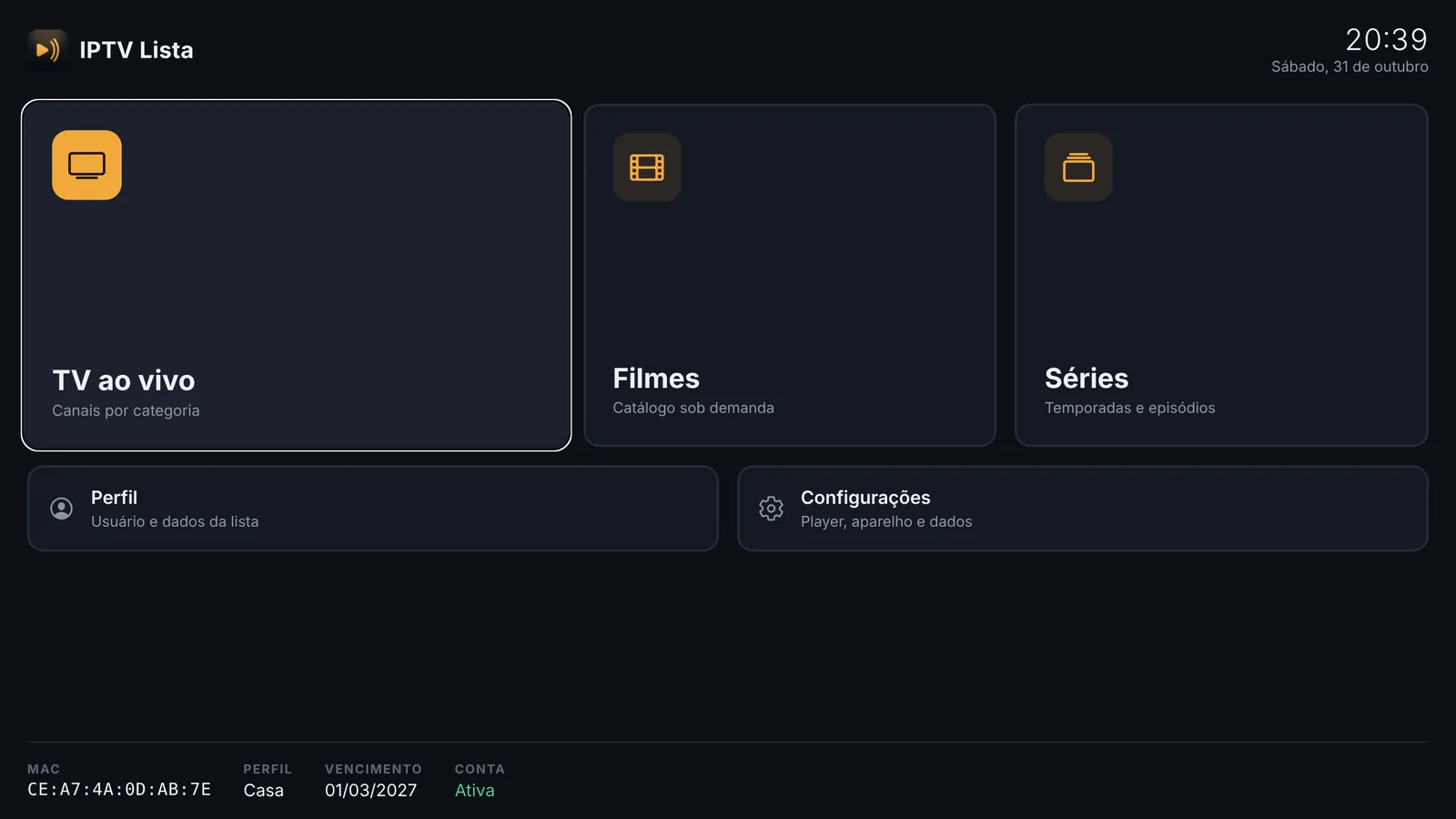 Menu inicial do aplicativo na TV, com TV ao vivo, Filmes, Séries, Perfil e Configurações