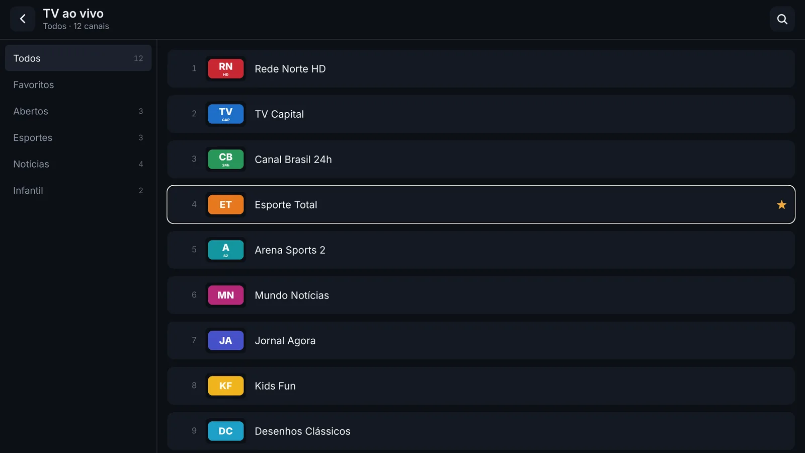 Lista de canais ao vivo com logotipos e categorias