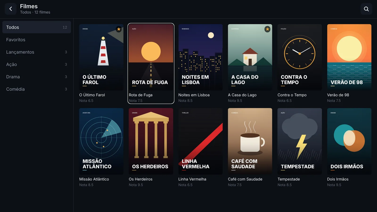 Catálogo de filmes em capas grandes, com categorias na lateral
