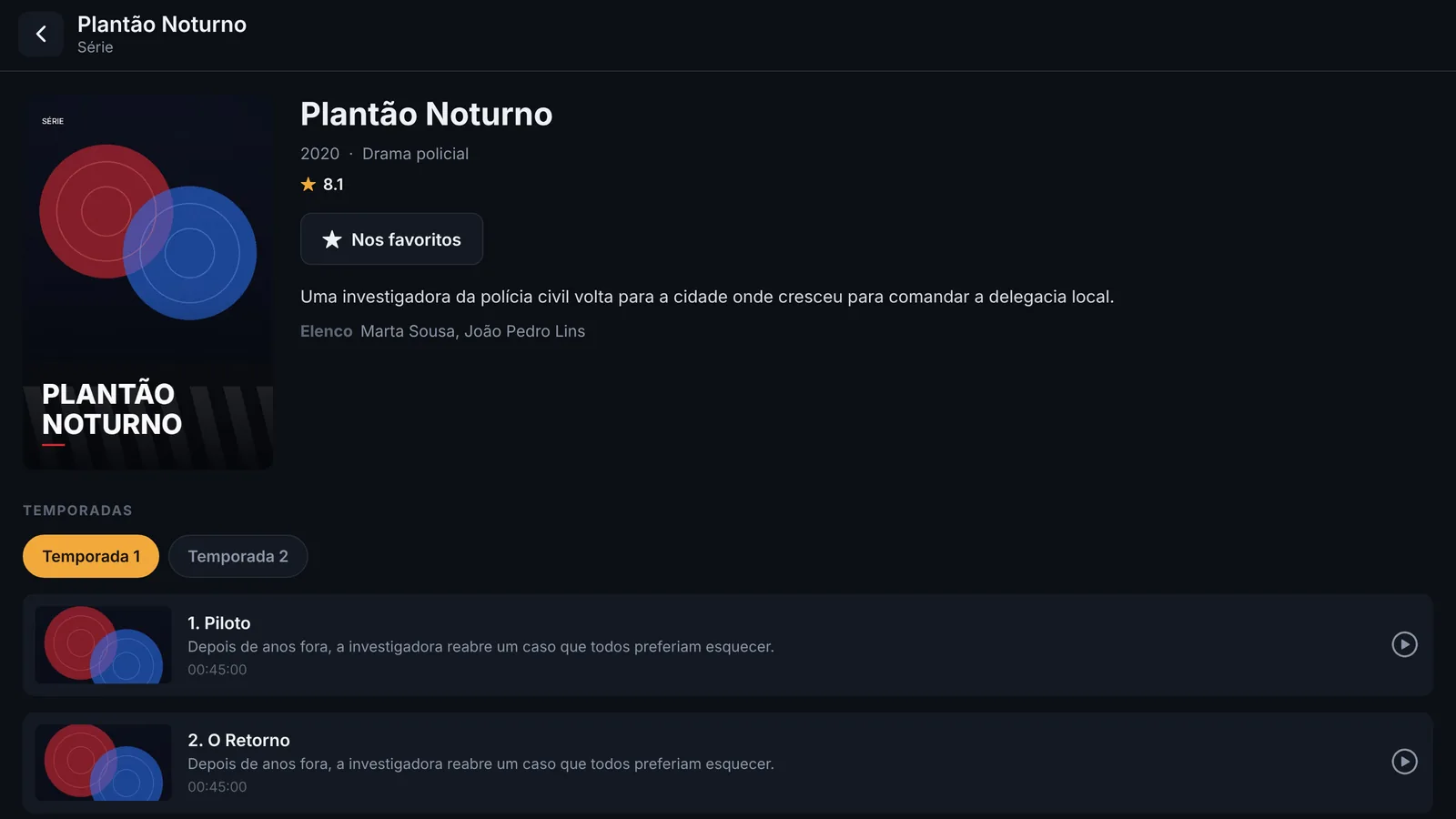 Página de uma série com temporadas e episódios